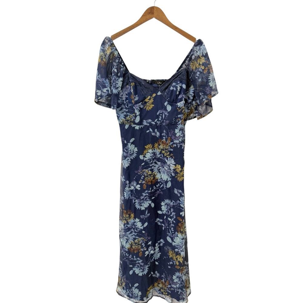 Lulus Valla Navy Blue Floral Flutter Sleeve Midi Dress size Large NWT - Picture 2 of 6